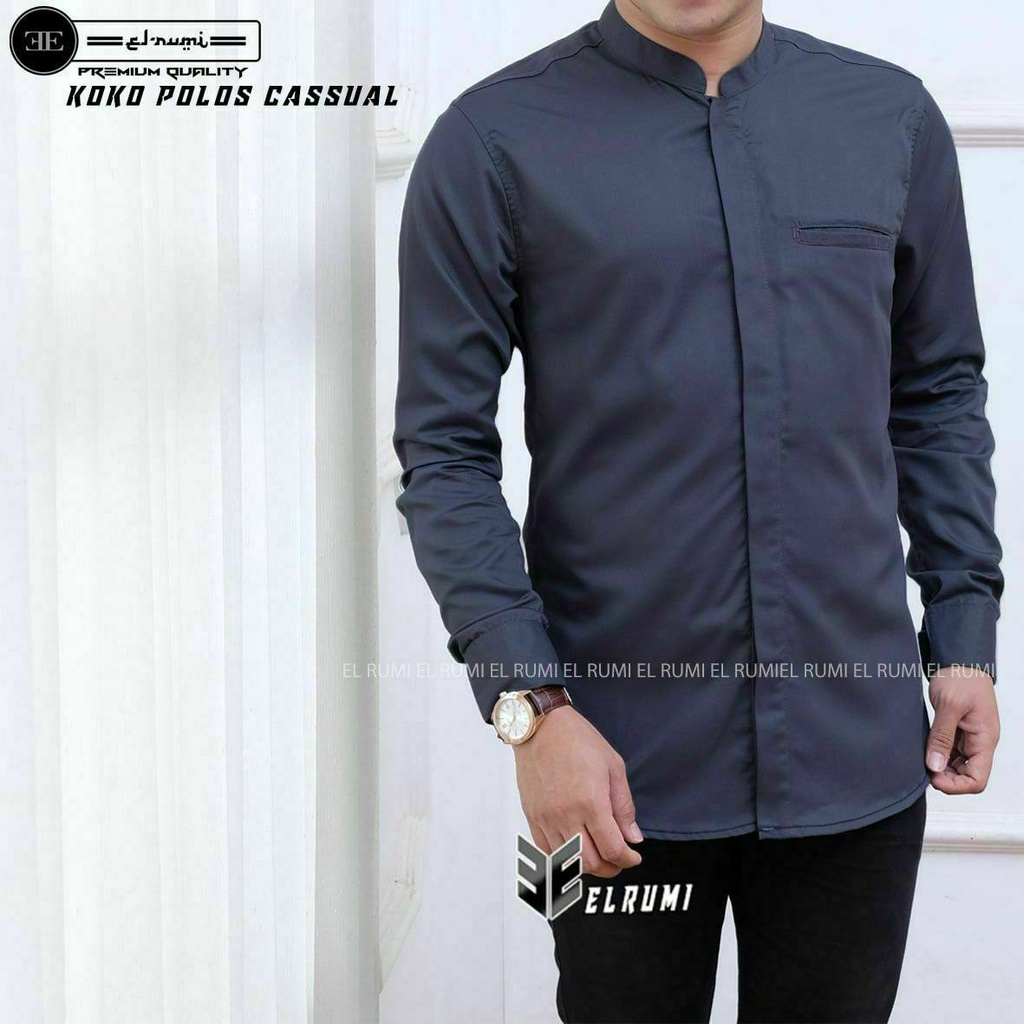 Baju koko dewasa cassual koko polos koko warna abu-abu koko lengan panjang elrumi