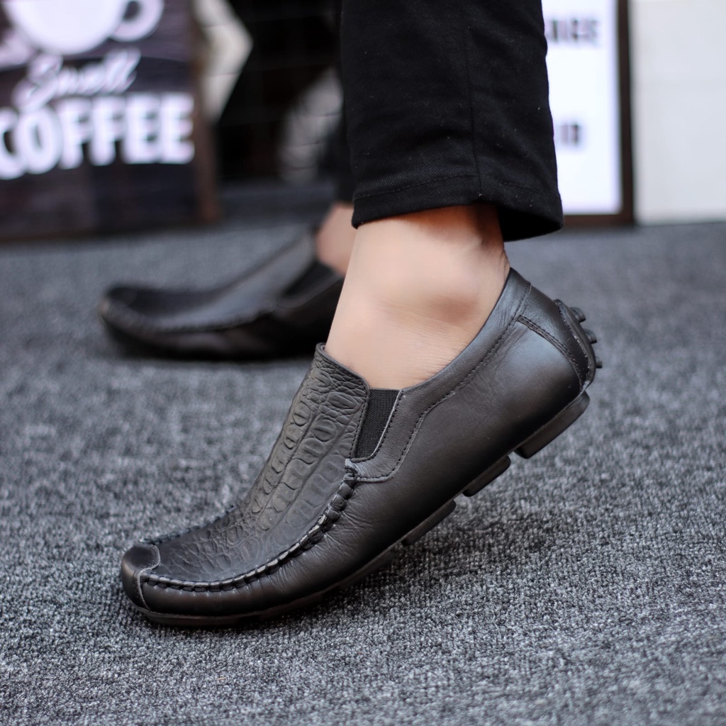 Abraham Asbul - Sepatu Casual Slip On Pria Kulit Asli Kerja Kantor Hitam