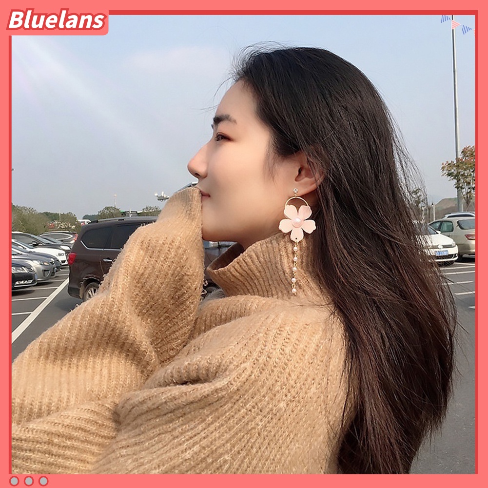 Bluelans Fashion Women Chiffon Flower Faux Pearl Circle Long Dangle Stud Earrings Jewelry