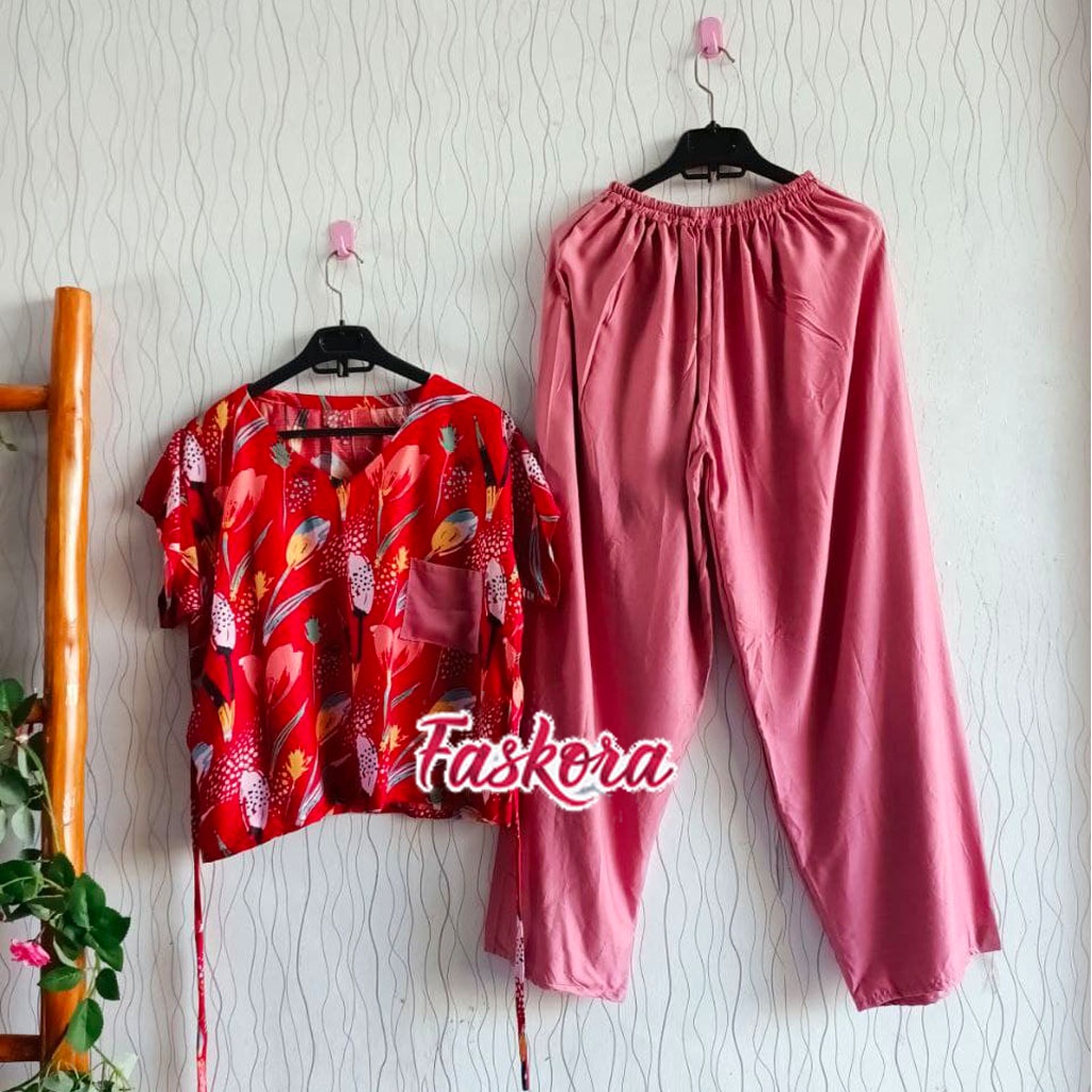 Set Wanita Kekinian Jumbo Murah Piyama Rayon Premium Lengan Pendek Baju Tidur Wanita Dewasa Tulip