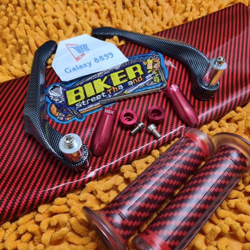 Kulit Jok Karbon Bikers+Proguard Karbon CNC+Handgrip Karbon Merah