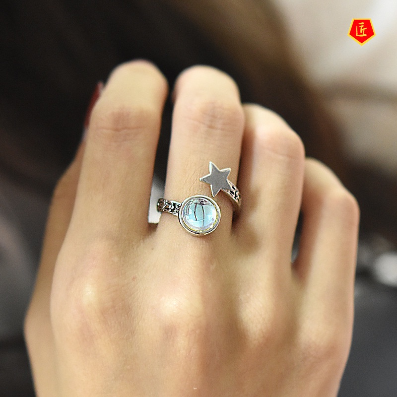 [Ready Stock]Creative Five-Pointed Star Moonstone Ring Vintage Silver Black