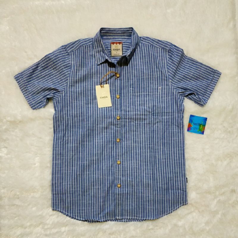 KEMEJA PRIA EMBA CLASSIC ORIGINAL LIMITED EDITION LENGAN PENDEK BIRU GARIS PUTIH