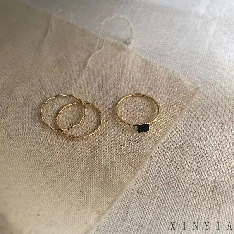 3pcs Cincin Zircon Bentuk Kotak Warna Hitam Untuk Wanita