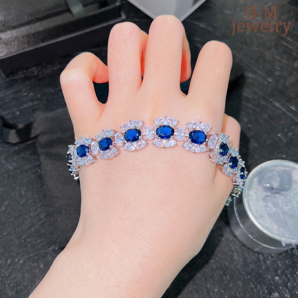 Gelang Tangan Sterling Silver 925 Aksen Batu Sapphire Biru Terang Untuk Wanita