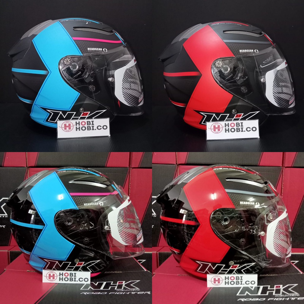 HELM NHK R1 MOTIF NAPOLEON BLACK LIGHT BLUE DOFF DOUBLE VISOR HALF FACE