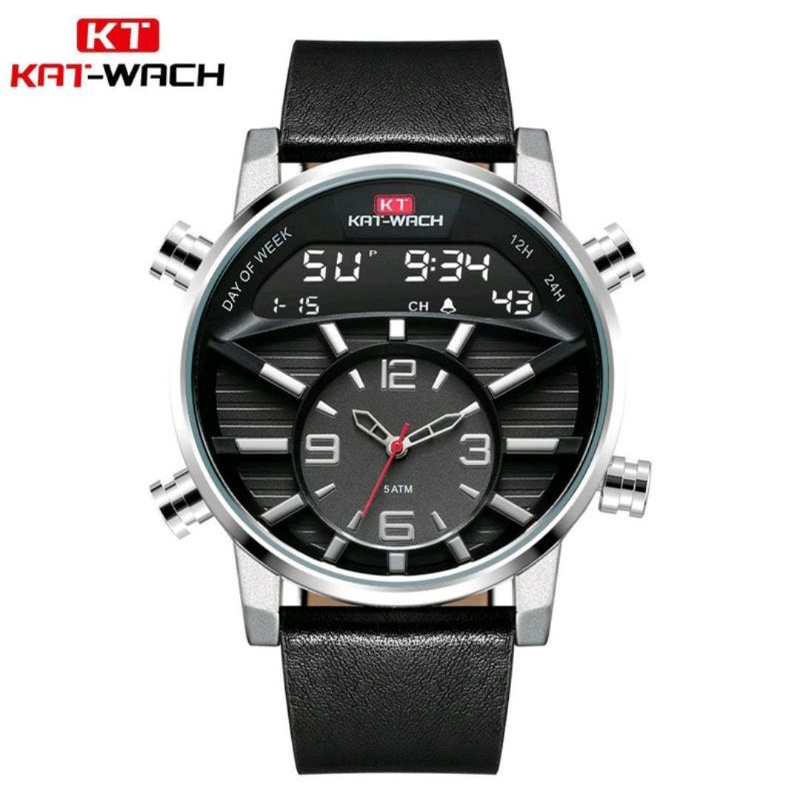 TERVIRAAALLLL 0KAT-WACH KT1819 Jam Tangan Pria Digital Analog Tali Kulit