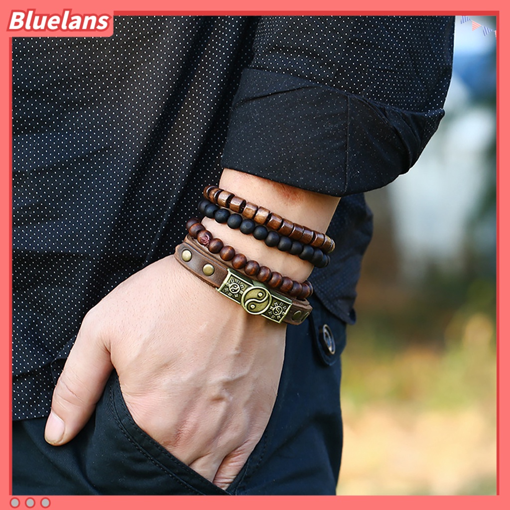 Bluelans 4Pcs Beaded Bracelet Simple Multi-layer Easy-using Tai Chi Leather Bracelets