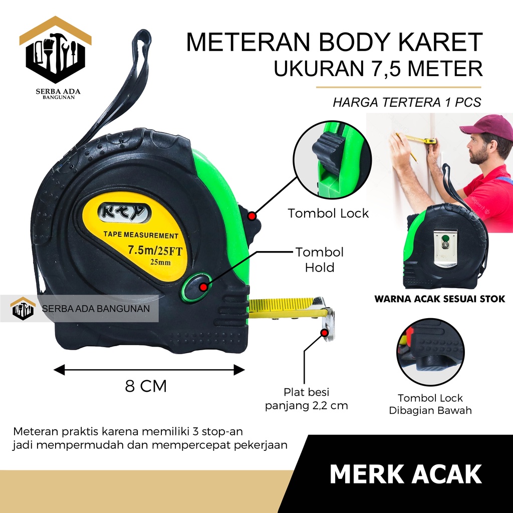 Meteran 3 5 7.5 M Tukang Bangunan Roll Meter Jaket Measuring Tape Rol Measure / original kuat