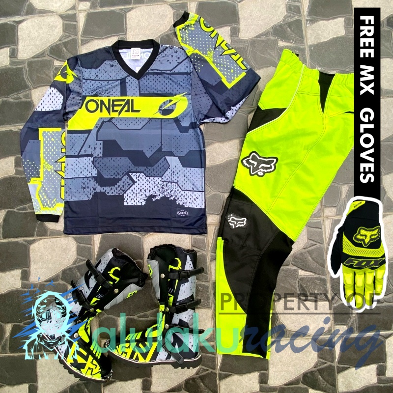 Jersey, Celana, Sarung Tangan &amp; Sepatu Fullprint with Protectors Fullset MX Trail Motocross - Paket Bundling ONCTFF110401-F44