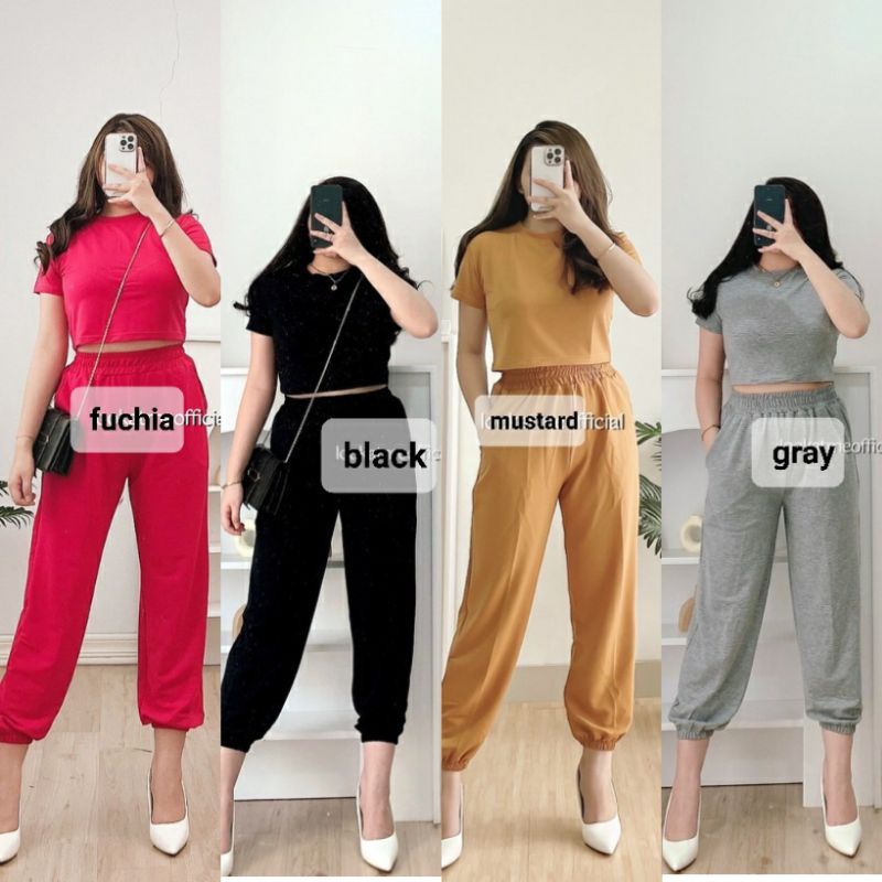 setelan wanita set zoey crop kaos ed / pakaian wanita stelan baju crop dan celana jogger karet pingg