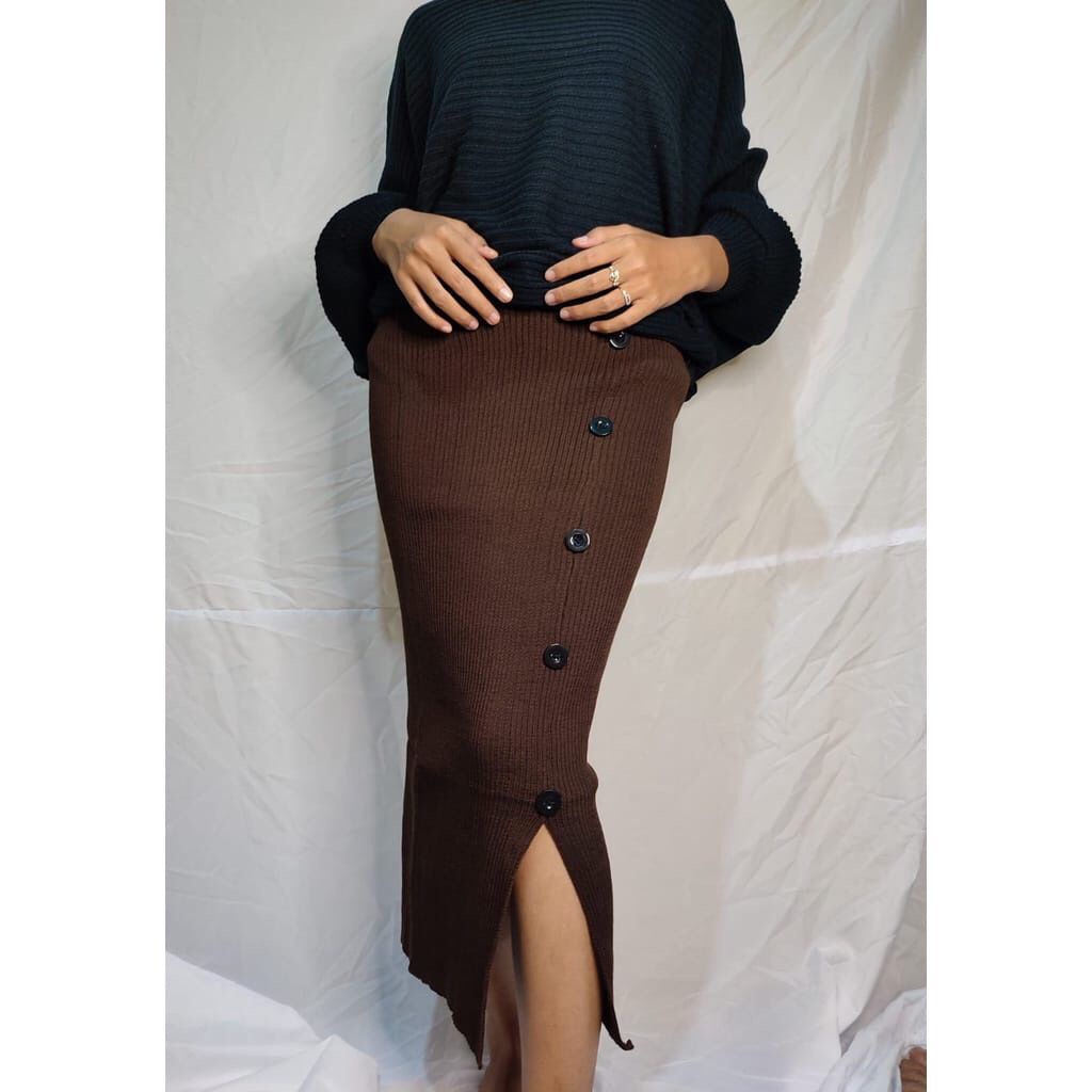 ROK SPAN RAJUT KANCING Belah Pinggir / ROK MIDI SKIRT