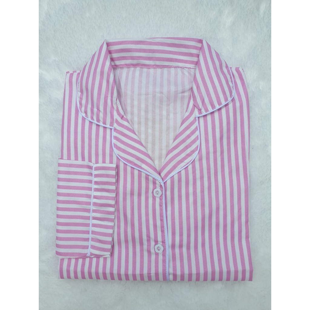 BJ-Piyama PP Wanita Dewasa Salur - Baju Tidur Lengan Panjang-Salur Pink