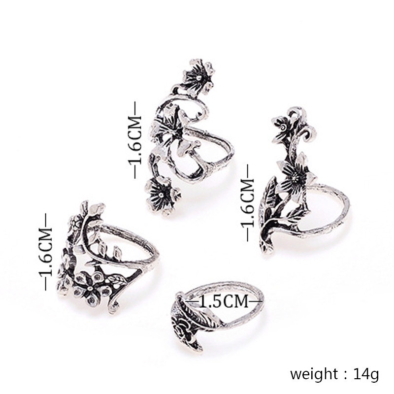 4pcs / Set Cincin Silver Antik Desain Daun Bunga Rambat Untuk Wanita