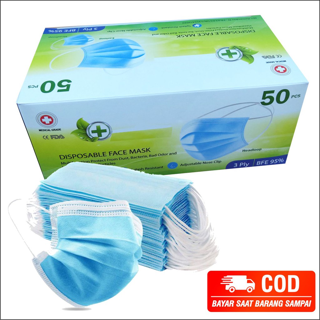 Harga 1 box(50pcs)- Masker surgical medis earloop 3 ply facemask disposable ijin edar BNPB