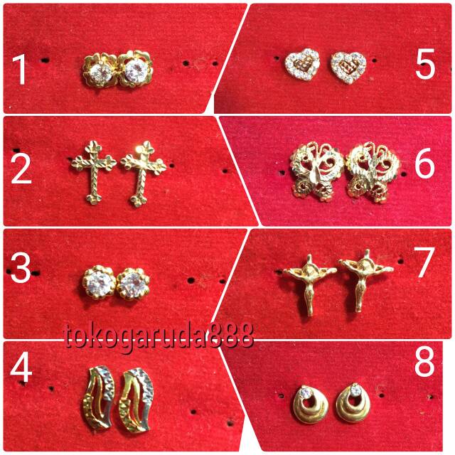 Anting duduk paku cucuk stud anak dan dewasa emas asli kadar 700 70% 22 1.1 - 1.3 satu g gr gram love kupu salib