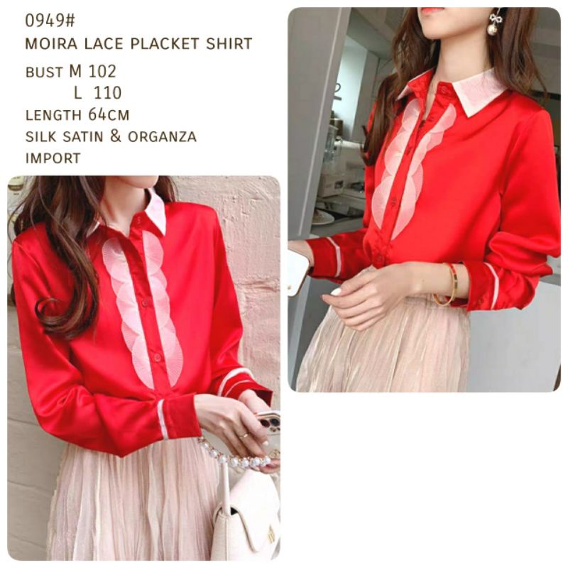 MDLV ~ 0949# CNY Moira Lace Placket Shirt Premium Kemeja Merah Import Fashion Import