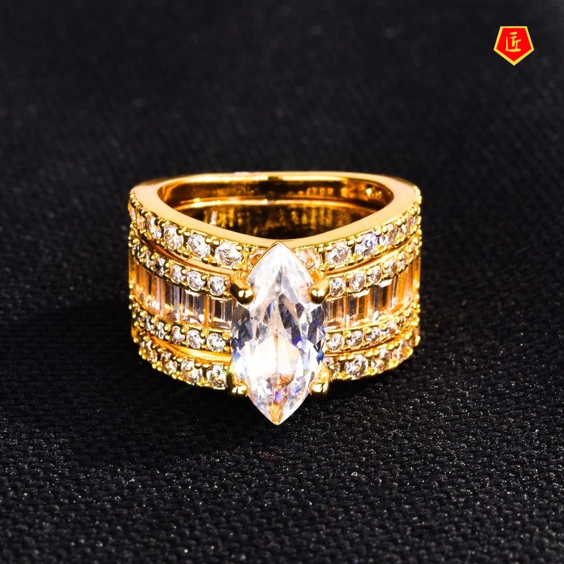 [Ready Stock]18K Gold Luxury Elegant Inlaid Diamond Three-Piece Ring