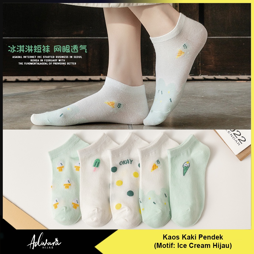 Kaos Kaki Pendek Wanita Motif Ice Cream Hijau Panjang Semata Kaki / Ankle Sock Import Fashion Style Korean KK-060