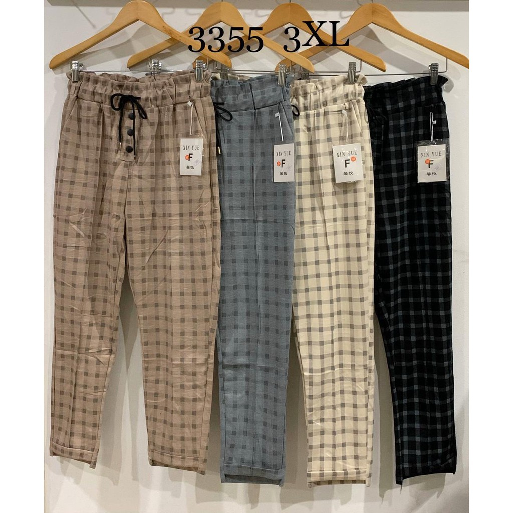  Celana  panjang wanita motif  kotak  bahan katun  zara import 