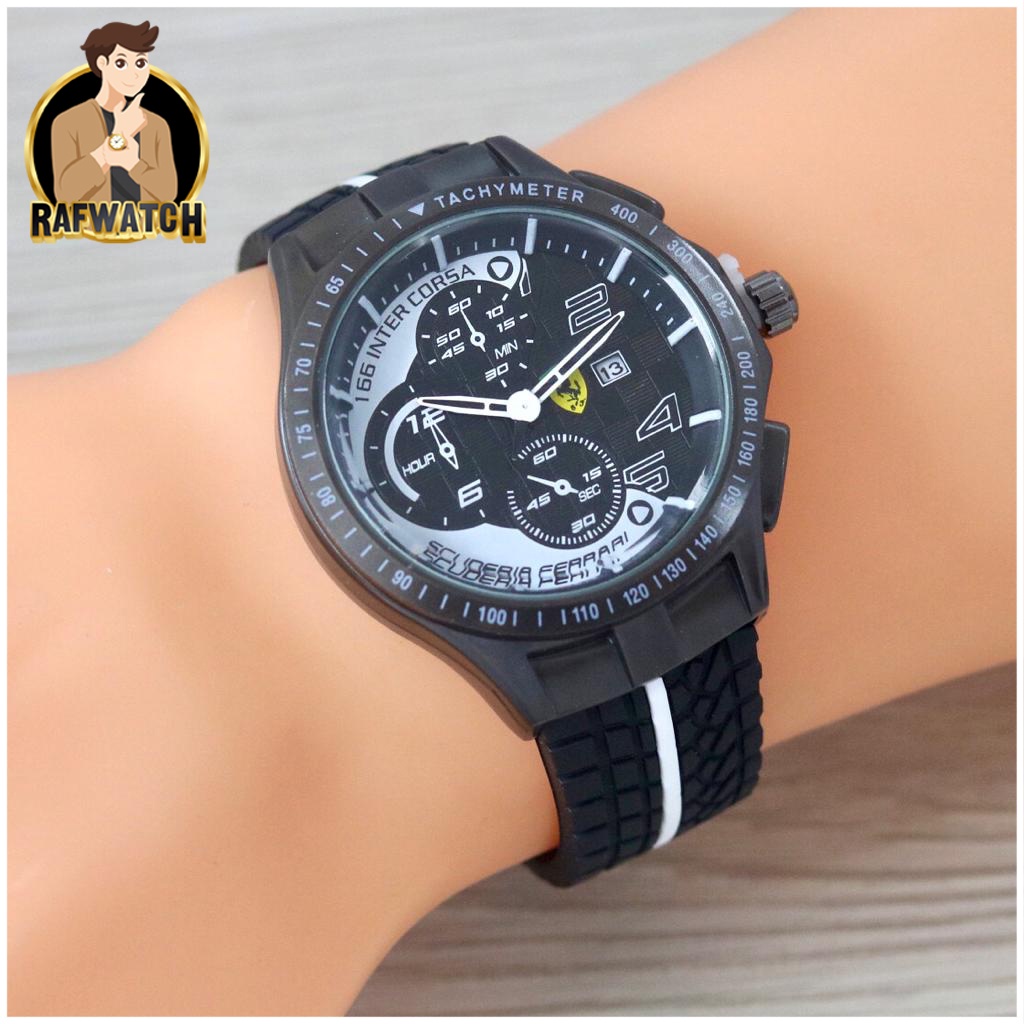 Jam Tangan Pria Sporty Casual Ferarri Strap Rubber Tanggal Aktif