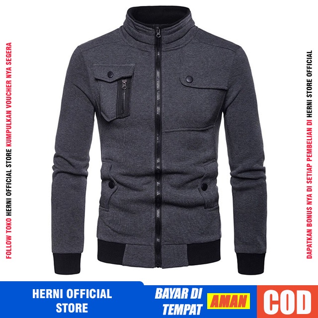 Jaket Pria Bahan Fleece Cotton Katun Tebal Import Original Cowok Casual Distro Keren Premium-ABU TUA