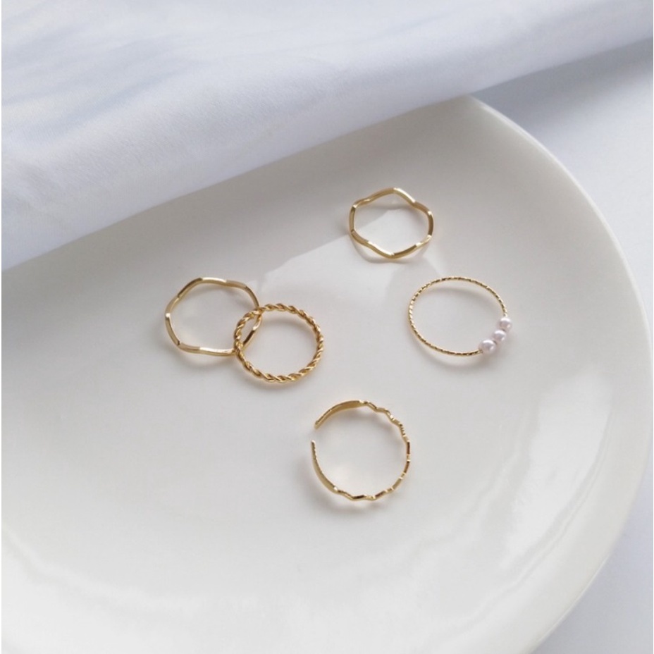 Cincin Wanita 5Pcs Set R09 Casual Korea Fashion Style Aksesoris Fesyen Cewe 5 Pcs Set Multi Mutiara Pearl Ring Rings