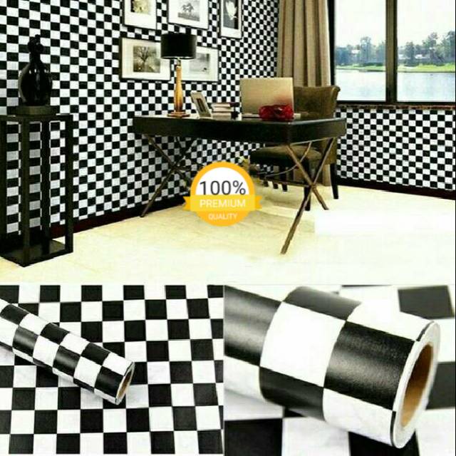 Wallpaper dinding murah ruangan tamu kamar tidur rumah catur hitam putih minimalis elegan keren