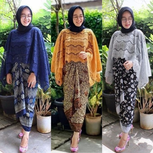 Setelan Kebaya Modern Jumbo Set Kebaya Cape Kalong Brokat Lace Glitter dan Rok Lilit Batik
