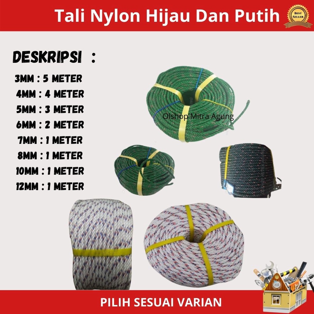 OLS Tali Nilon Nylon 3 4 5 6 7 8 10 12 mm Hijau Dan Putih Tali Tambang Kecil Plastik Tali Jemuran