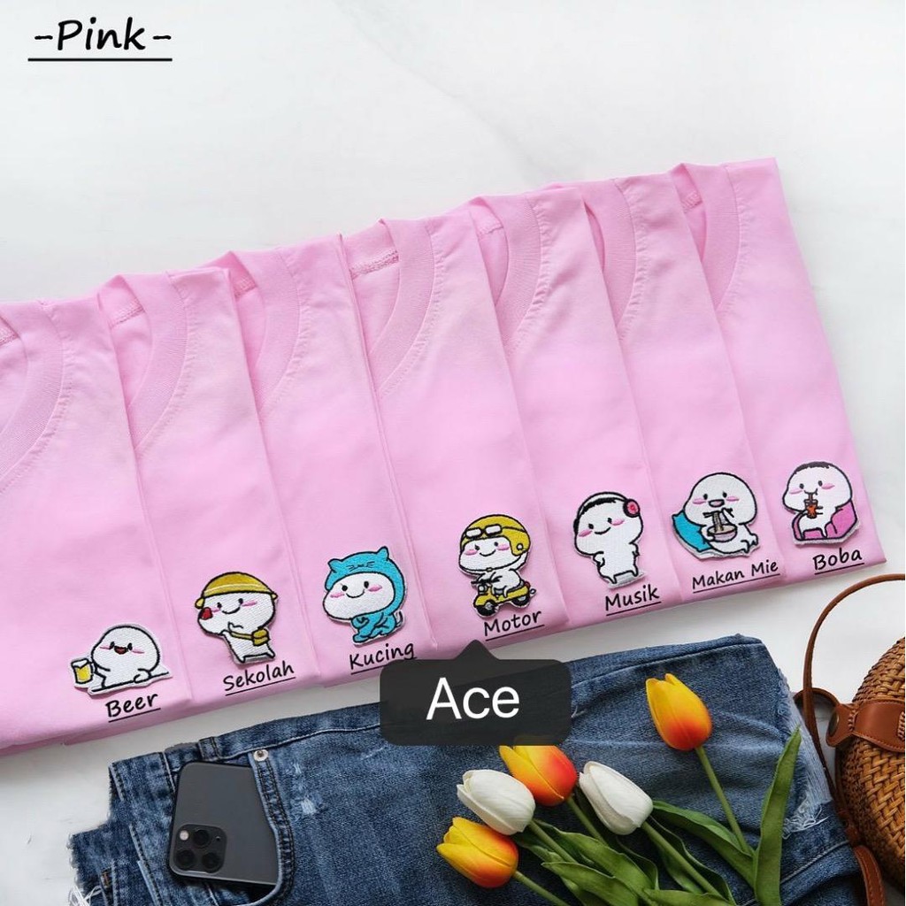 BSF Pentol Quby Series Bordir Pink PE Kaos Perempuan Lengan Pendek Baju Atasan Wanita Kerah Bulat Pa