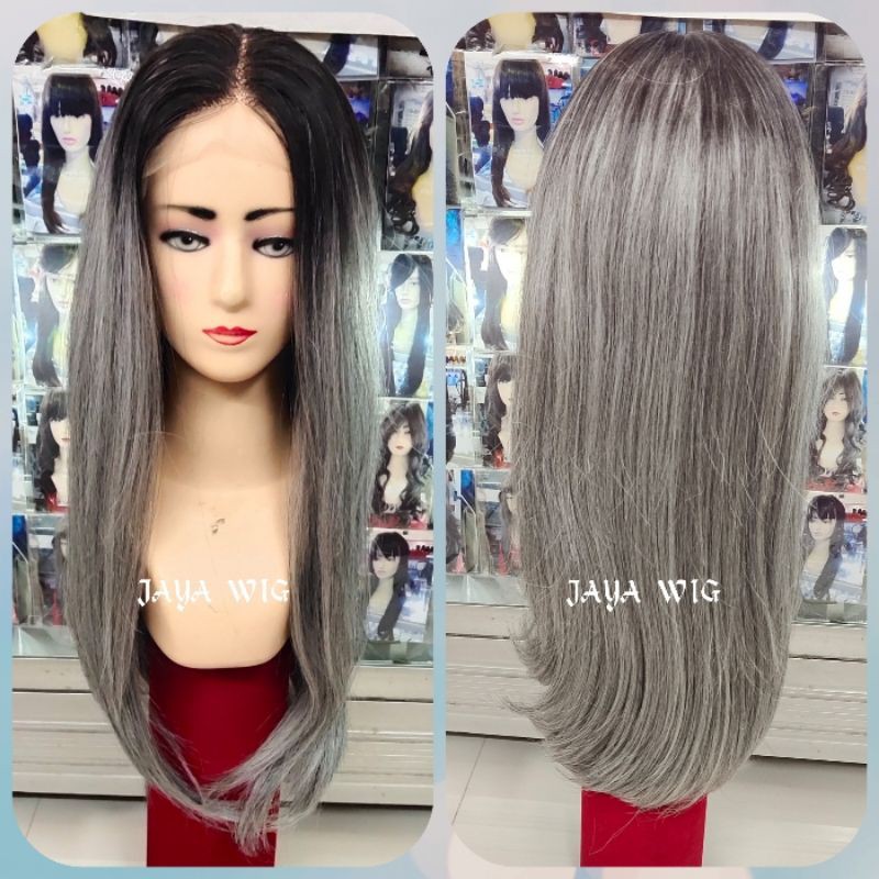 Frontlacewig Rambut Palsu Wanita Lurus Panjang Warna Ombre Silver