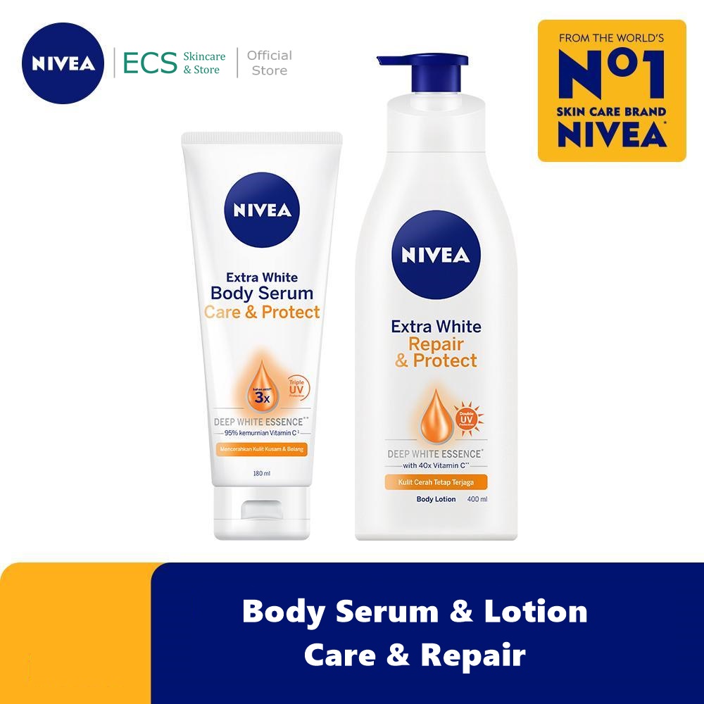 NIVEA Body Serum / Body Lotion Extra White CARE REPAIR & PROTECT SPF 15 Double UV Protection - Ukuran 180ml / 400ml / 200ml / 100ml / 70ml - BPOM Skincare Bodycare Mencerahkan Kulit Putih Handbody Hanbody Hand Sunblock Sunblok