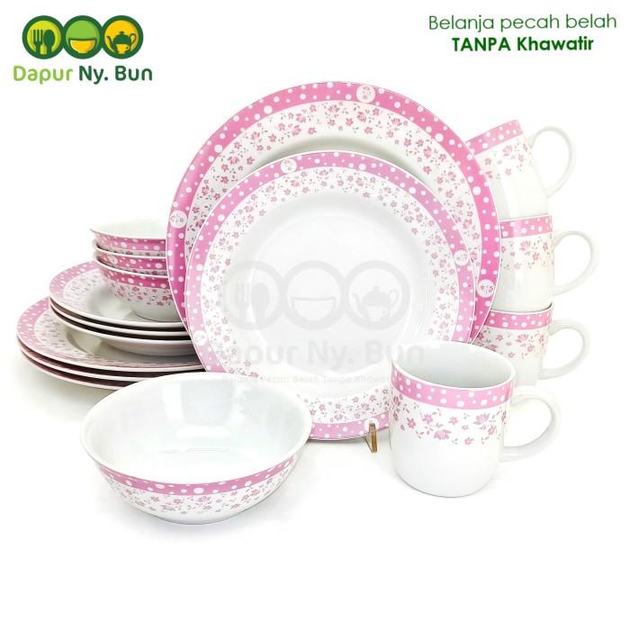 Dinner Set Isi 16Pcs Motif Polkadot Fleur / Perangkat Makan Keramik - Merah Muda