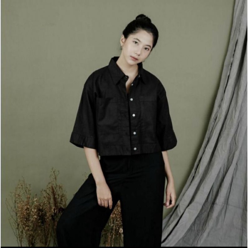 Kemeja Crop Linen Pocket Wanita Oversized Shirt Linen outer Crop Linen Baju kemeja korea style