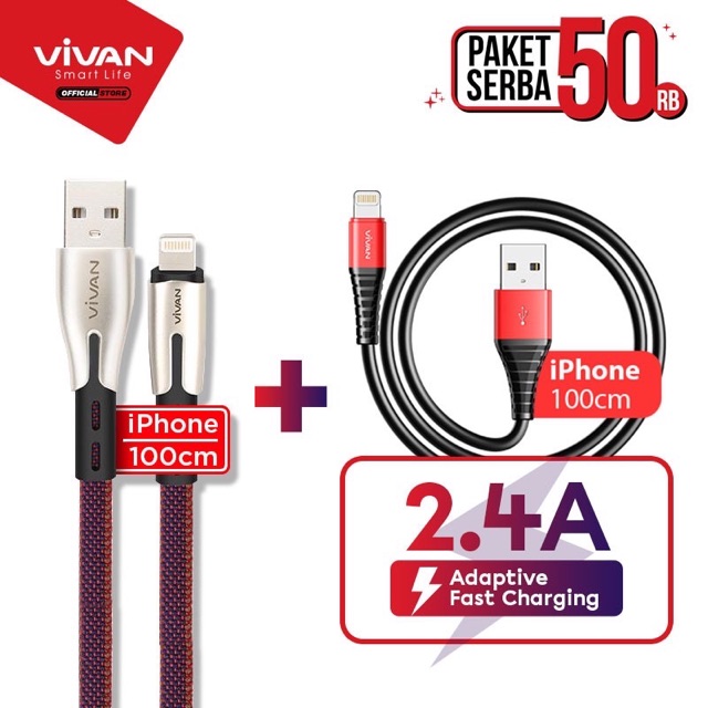 VIVAN Paket 2 Kabel Data iPhone Fast Charging 2.4A 100cm Garansi Resmi 1 Tahun - BTK-L+SL100