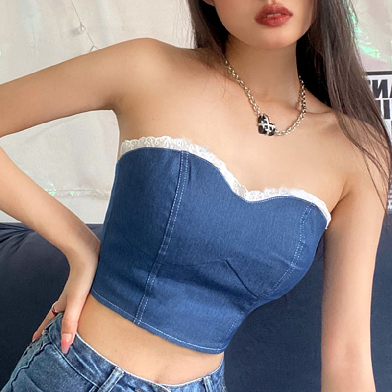 【AMY J】Summer Patchwork Blue Denim Tube Top Sweet Sleeveless Cropped Top 7416