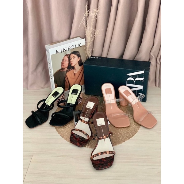 Sepatu Hak Tinggi Wanita ZR Two Straps Chunky High Heels Premium Import Hitam Black Coklat Brown Leo