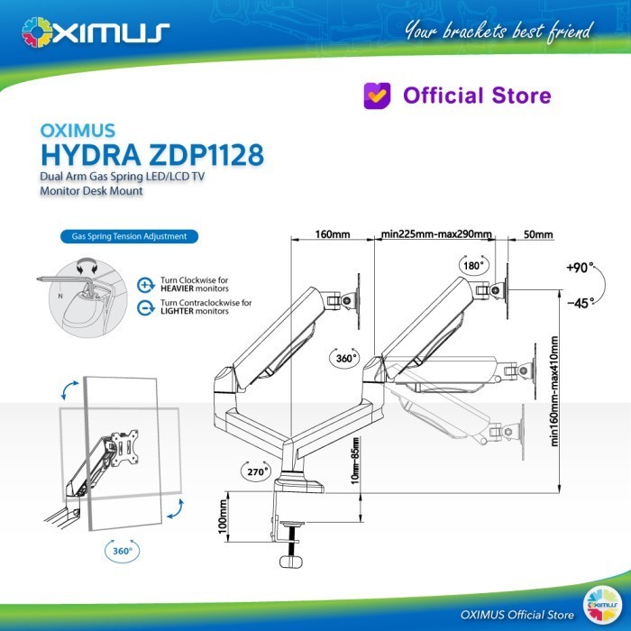 BRACKET TV LED LCD MONITOR GAS SPRING OXIMUS ZDP1128 TILT SWIVEL