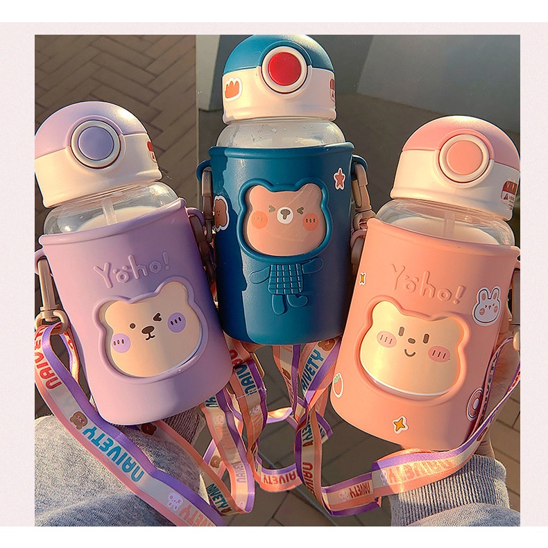 Botol Minum Anak Sedotan Karakter Lucu Ukuran 620 ml S05 Botol Air Minum Anak Sekolah SD TK BPA Free Tali Panjang Bening Transparan