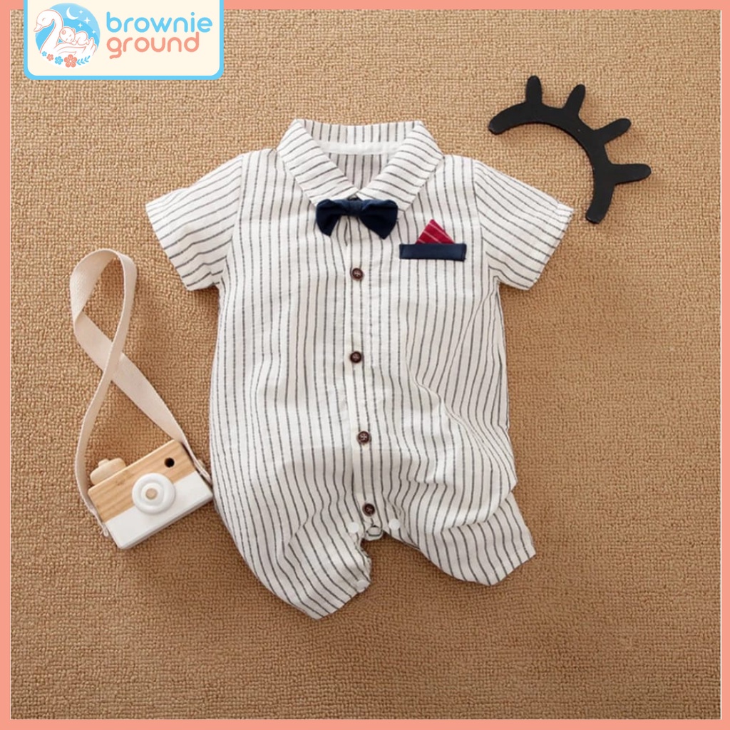 BROWNIEGROUND - Jumper bayi lakilaki lengan pendek 0-24 bulan motif STRIPS MERAH &amp; PUTIH / TUXEDO BAYI baju bayi IMPORT KOREA