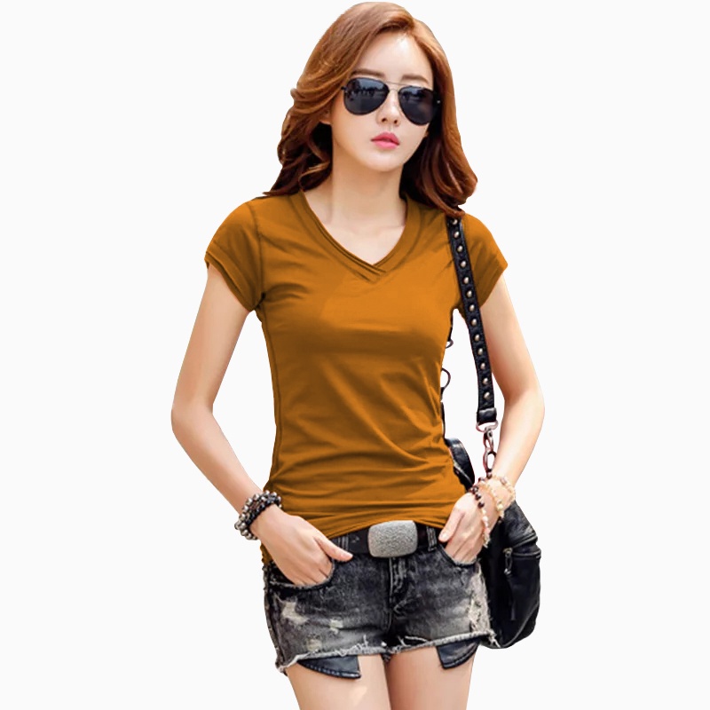 Kaos Tshirt Leher V tangan pendek Gaya Korea - XSHOP Femmy