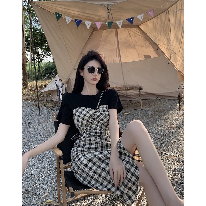 [Llittlecrab] Dress Motif Kotak-Kotak Hitam Putih Fishtail Simple Kasual Elegan Long Dress Sexy Square Pattern Motif Unik Berkualitas Simply Korean Style Dress Pantai Piknik