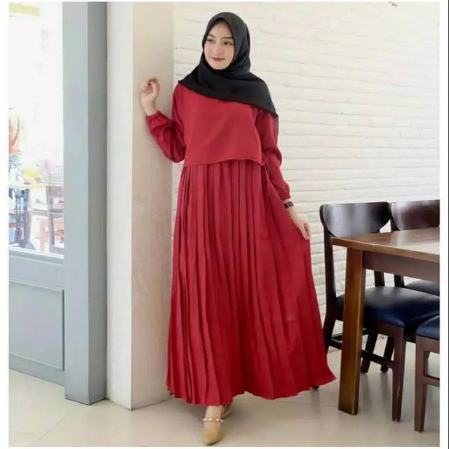 Gamis Plisket Amelia Maroon, Busui Moscrepe Premium