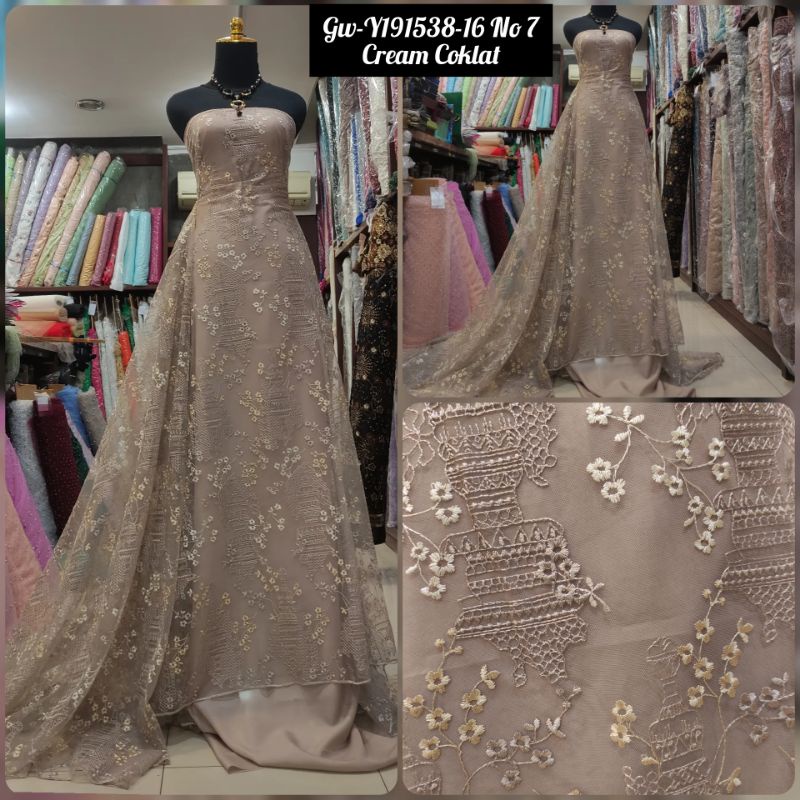 Kain Tile Brokat Etnik Bunga Abstrak Dua Warna Gw-Y191538-16 Cream Coklat