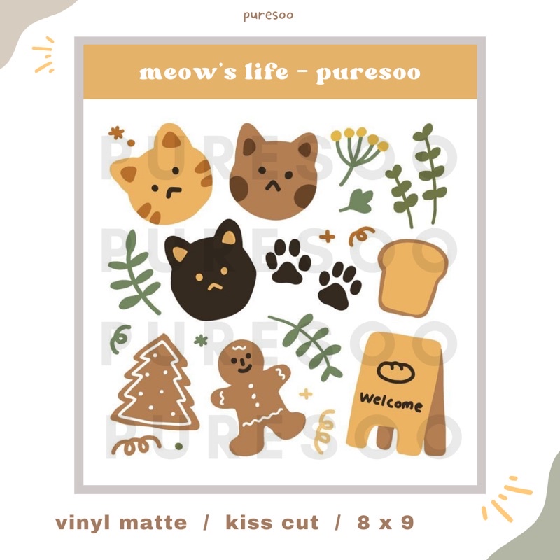 

puresoo - meow’s life deco sticker sheet, kiss cut (langsung tempel / peel off), vinyl matte, korean style, cute journal deco sticker sheet