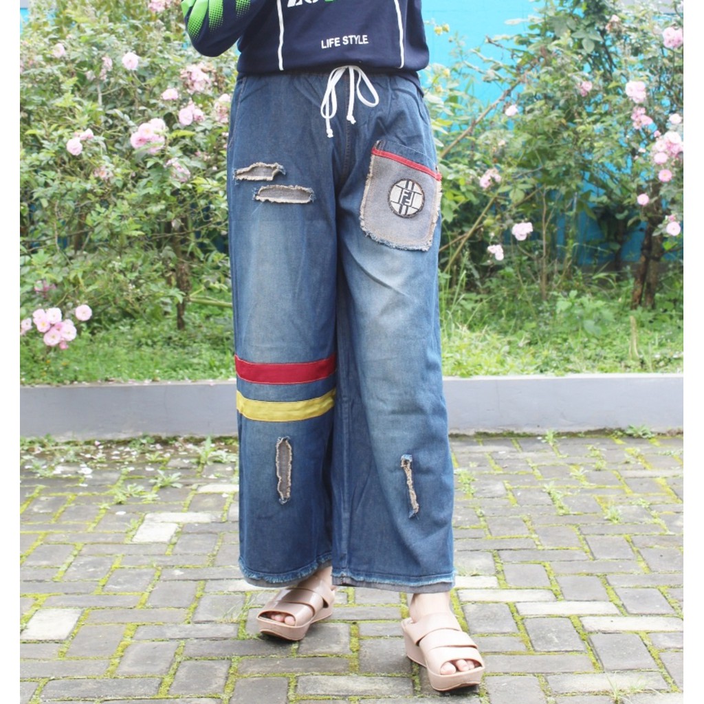 Botton Jeans  Panjang Wanita  Motif  04 Patch Tambal Kulot 