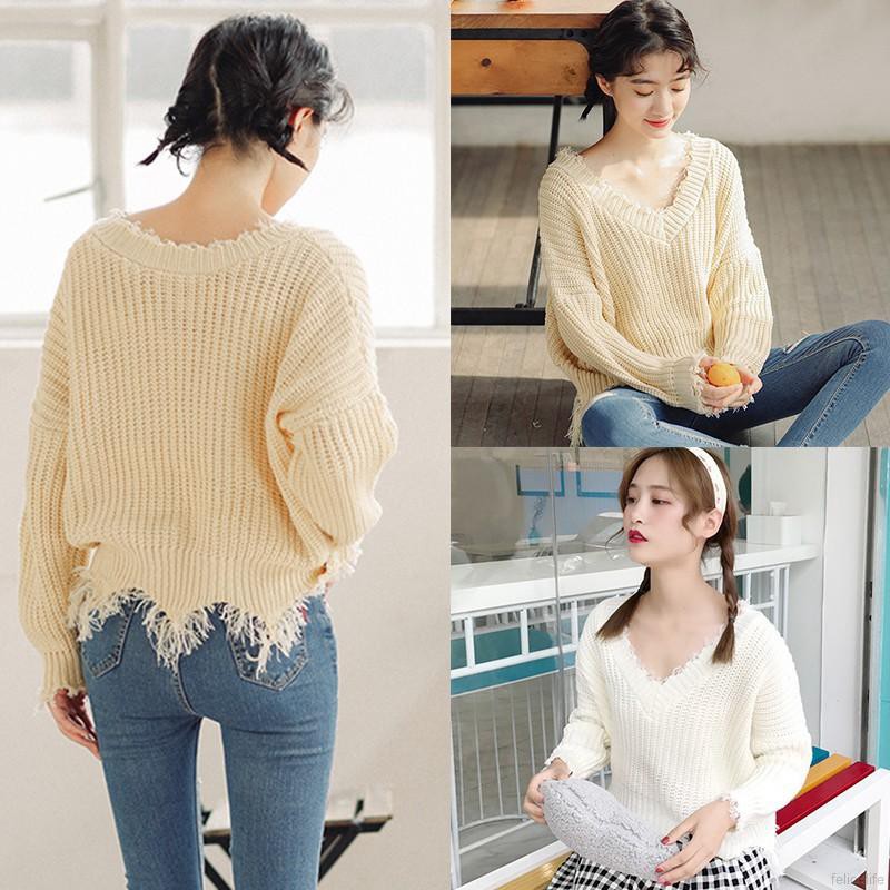 KOREA RAJUT LUCU HITAM BIRU LANGIT UNGU / FELICELIFE Sweater Rajut V-neck Wanita Lengan Panjang Hem