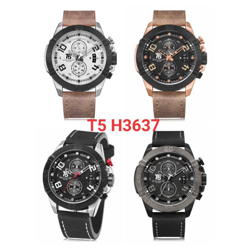Jam Tangan Pria Original T5 H 3637G Chronograph Aktif Tali Kulit Waterresist