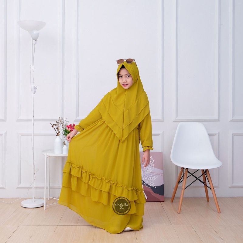 Gamis Anak perempuan Set Hijab Bahan Ceruty Babydoll polos